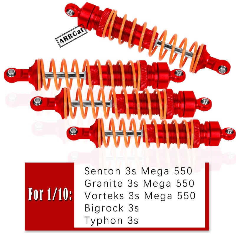 ARRCat 4PCS Full Aluminum Front Rear Shocks Upgrade Parts for 1/10 Big Rock 3s blx/Senton 3s blx 550/ Granite 3s blx 550/ Vorteks 3s blx 550 4X4, 1/10 Typhon 4X4 RC Truck,Big Bore Hops Up RC Shocks(Red) - Image 2